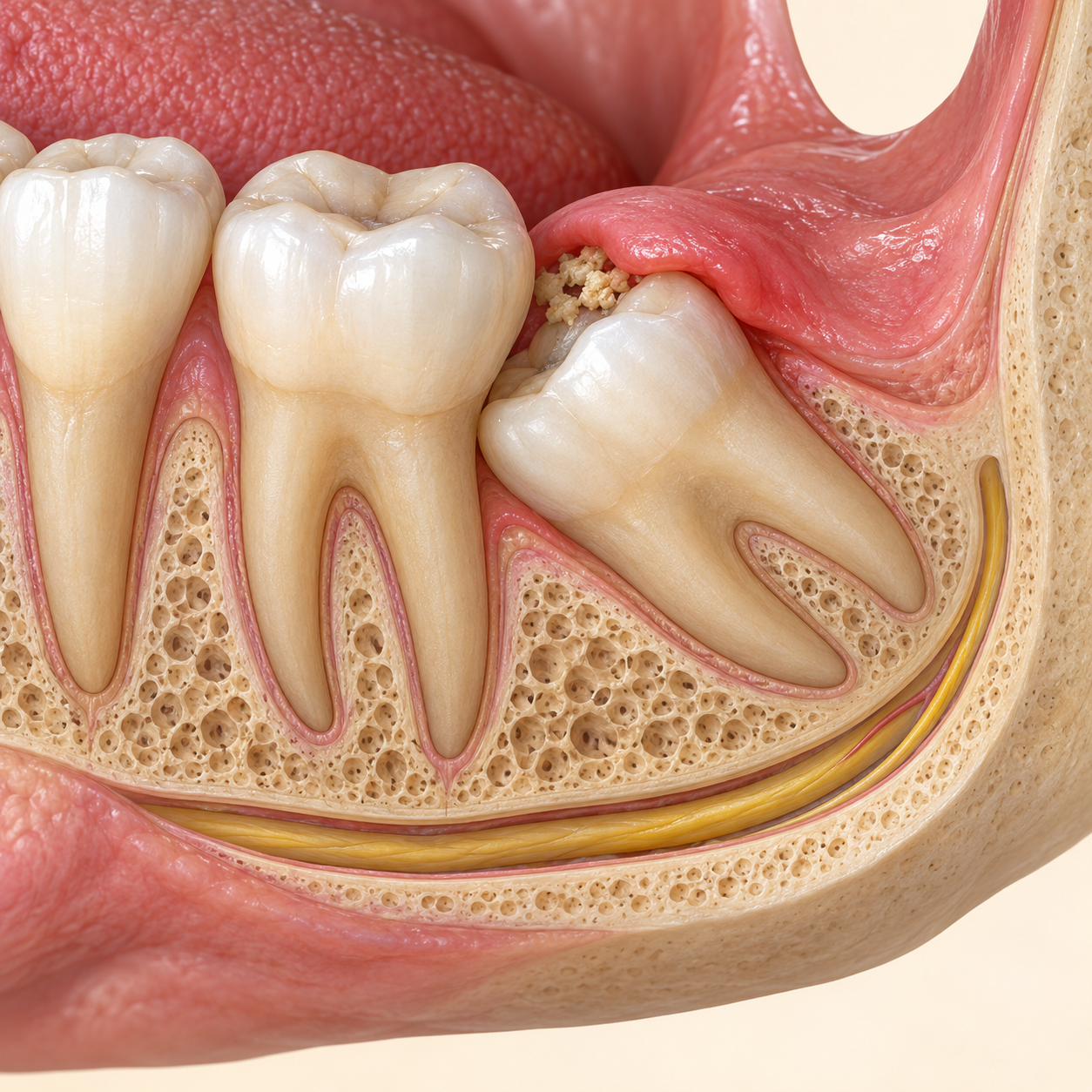 Clinical illustration of impacted wisdom teeth and pericoronitis