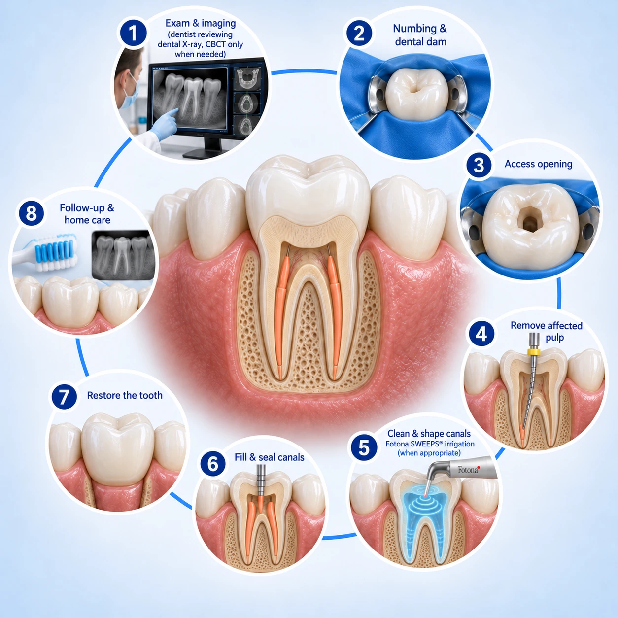 Eight illustrated stages of root canal treatment, from examination to restoration and follow-up